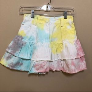 Loveshackfancy size 2 rainbow radial tie dye landen denim mini skirt ruffle
